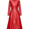 Women Slim Fit Red Leather Long Coat