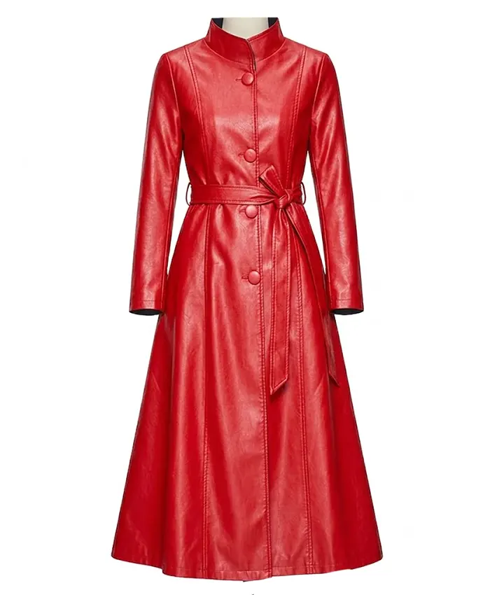 Women Slim Fit Red Leather Long Coat