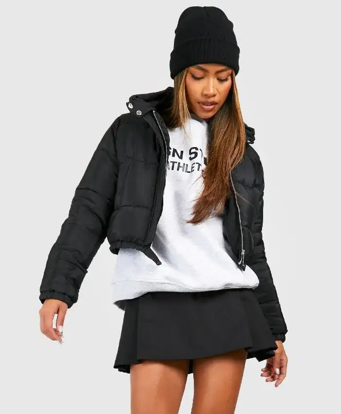 Women's Black Cropped Puffer Jacket With Hood