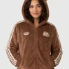 Women's Care Bears x Adidas 2026 Brown Fur Hooded Zip-Up Jacket Front