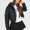 Women's Cropped Black Puffer Jacket With Hood