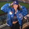 Women's Hello Kitty Dodgers Blue Satin Bomber Jacket