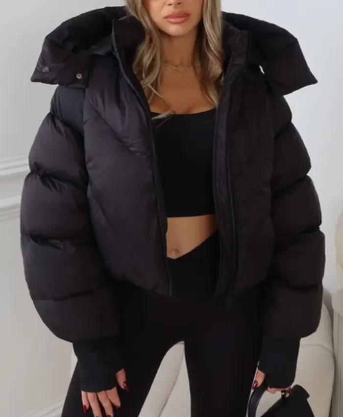 Women's Mia Cropped Black Puffer Jacket With Detachable Hood