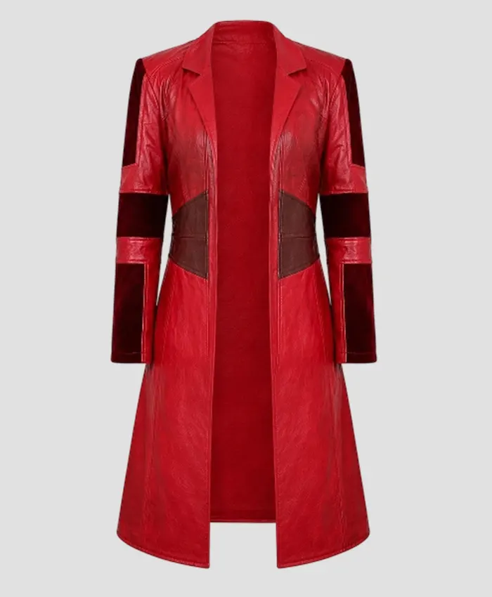 Womens Red Leather Scarlet Witch Trench Coat