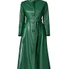 Women's Slim Fit Green Leather Long Coat