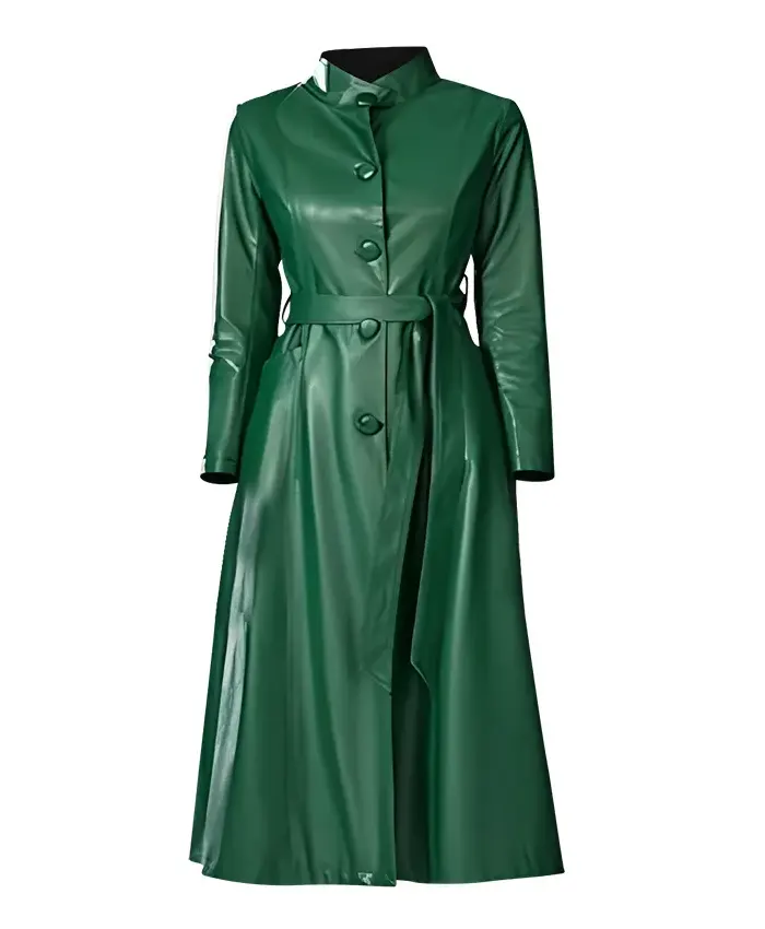 Women's Slim Fit Green Leather Long Coat