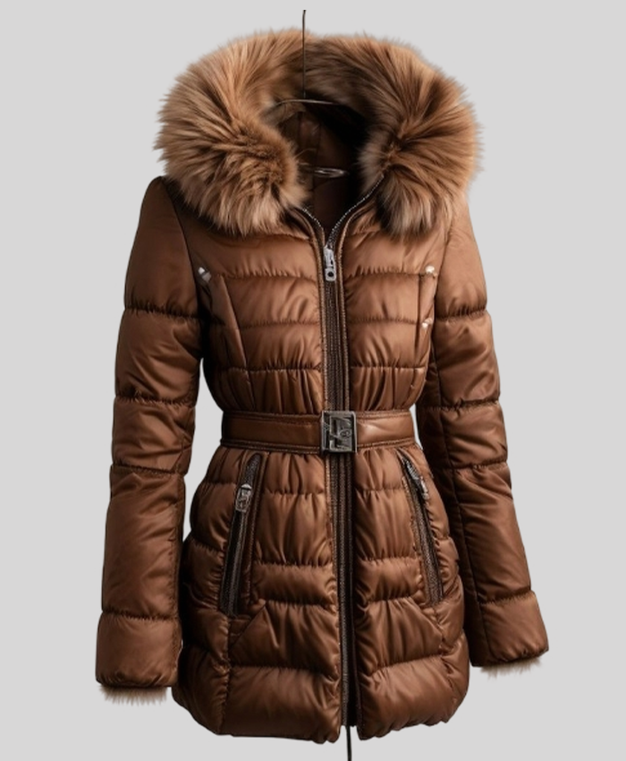 Womens Trim Fur Brown Puffer Jacket