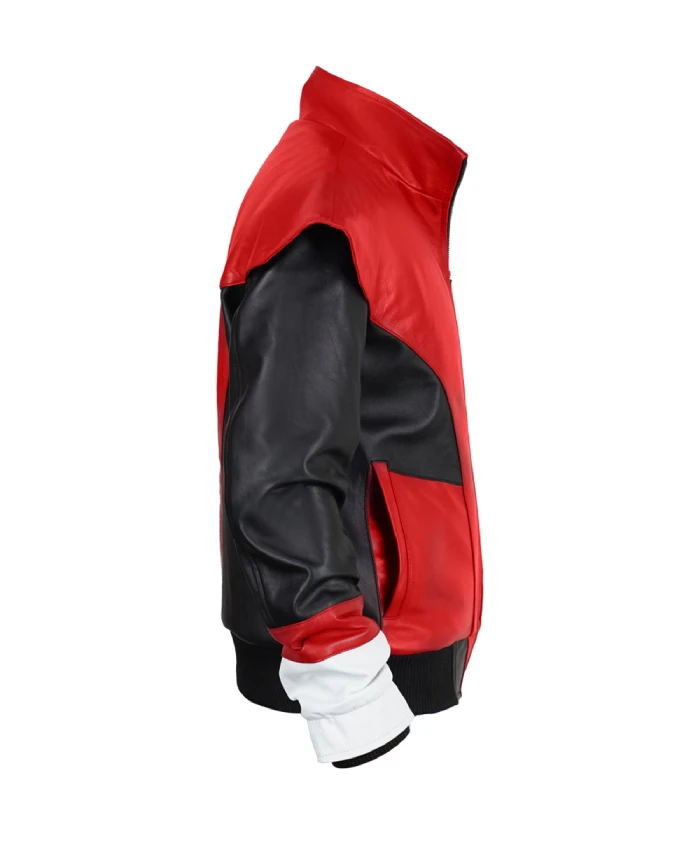 Nightcrawler cosplay red and black leather jacket with erect collar and zipper closure