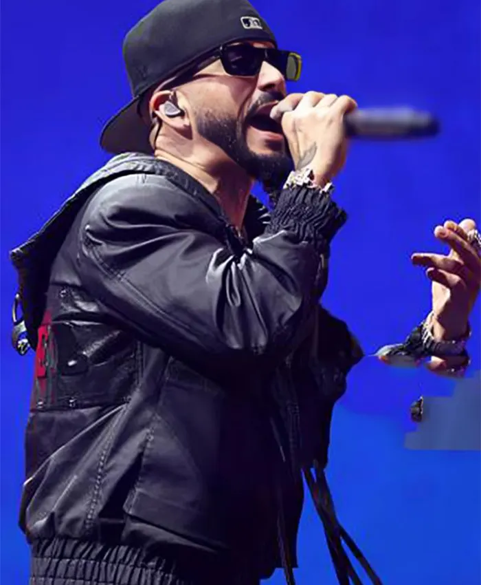 Yandel Venezuela Benefit Concert 2026 Black Leather Hooded Jacket Side View