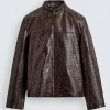Zara Crocodile Style Brown Leather Jacket