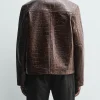 Zara Crocodile Style Brown Leather Jacket Back
