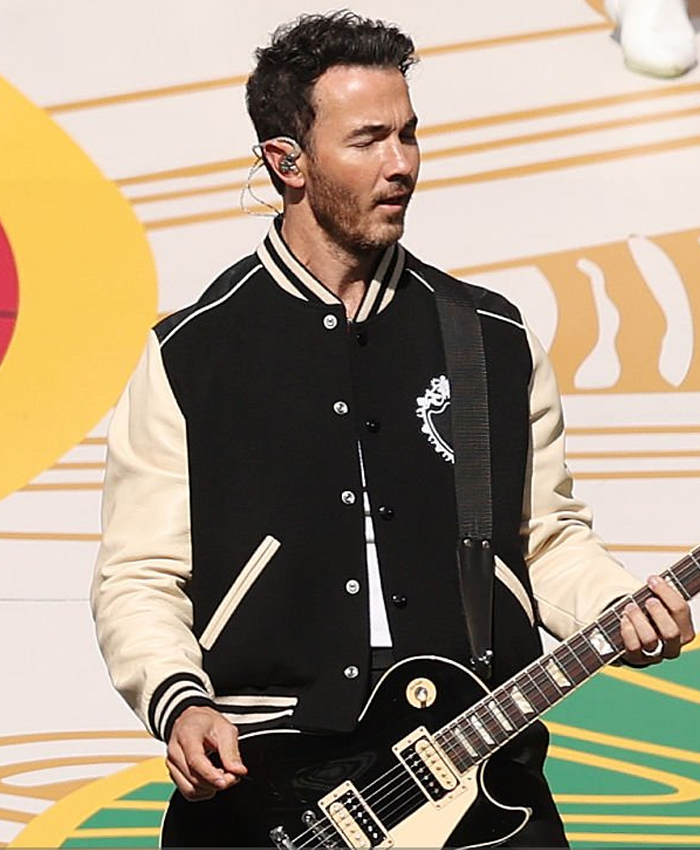 2026 NFL Pro Football Halftime Show Jonas Brothers Black and Off White Varsity Jacket Front View