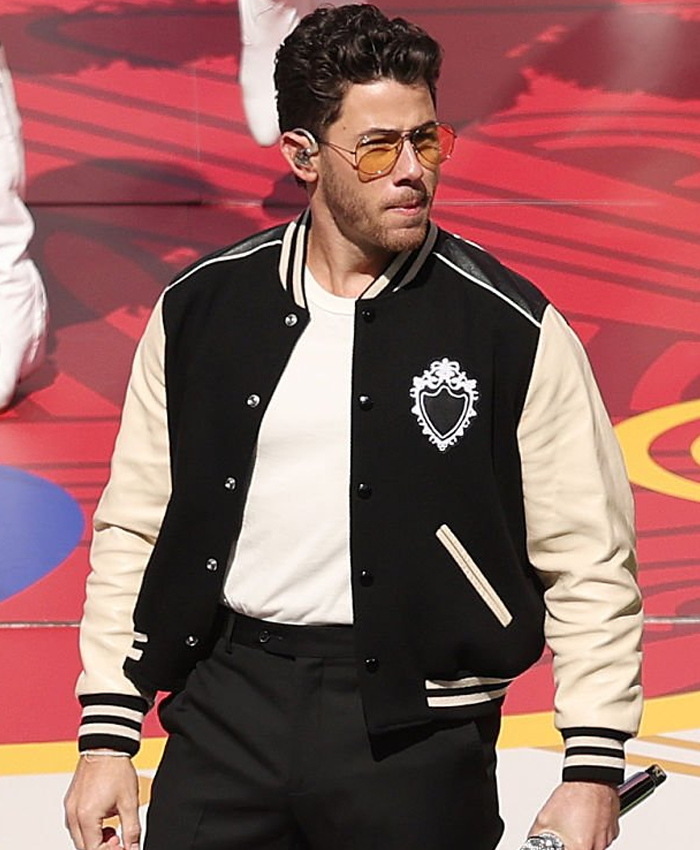 2026 NFL Pro Football Halftime Show Jonas Brothers Black and Off White Varsity Jacket Front