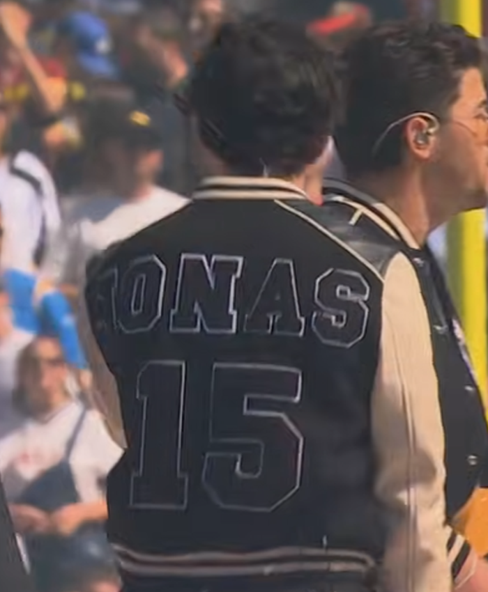 2026 NFL Pro Football Halftime Show Jonas Brothers Black and Off White Varsity Jacket Jonas 15
