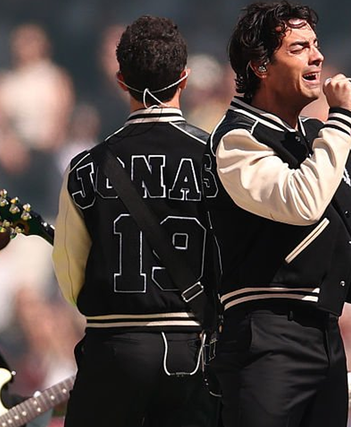 2026 NFL Pro Football Halftime Show Jonas Brothers Black and Off White Varsity Jacket Jonas 19