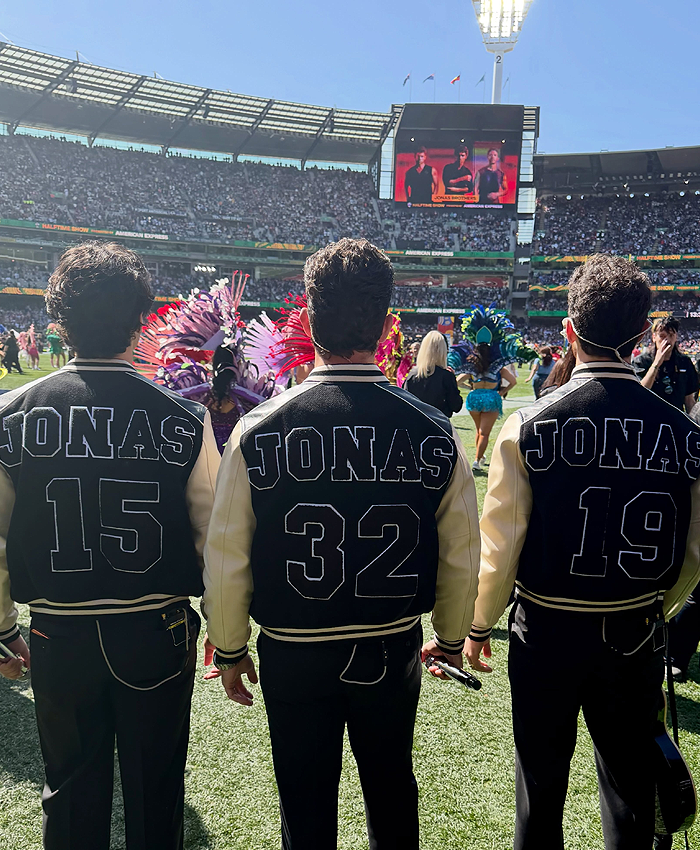 2026 NFL Pro Football Halftime Show Jonas Brothers Black and Off White Varsity Jacket