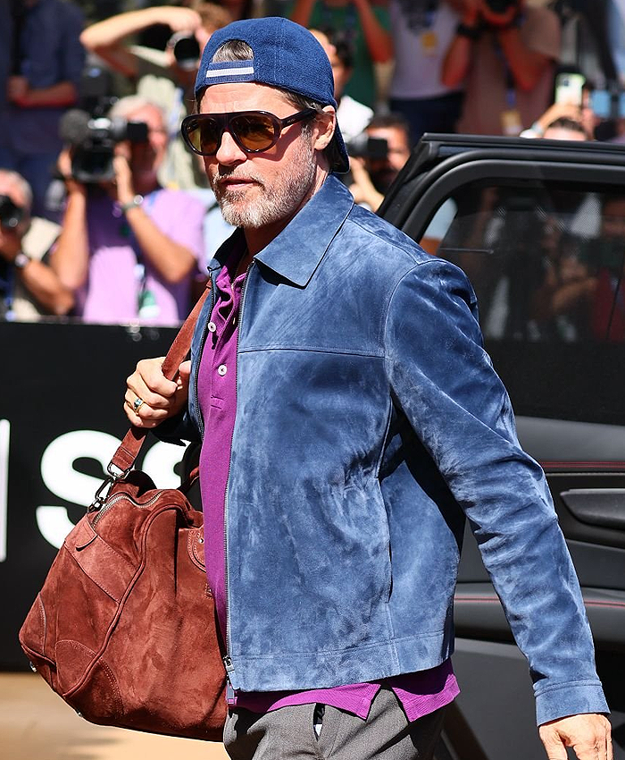74th San Sebastian International Film Festival 2026 Brad Pitt Blue Suede Leather Jacket Side