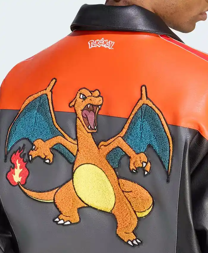 Adidas Originals X Pokémon 8 Ball Charizard Bomber Leather Jacket Close up