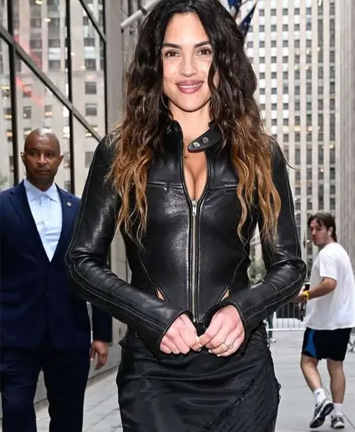 Adria Arjona NBC Studios NYC Black Leather Jacket