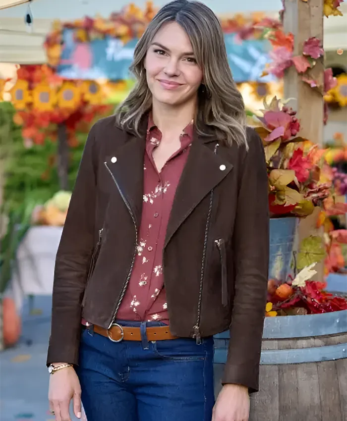 Alex Movie Love Finds You 2026 Aimee Teegarden Brown Suede Leather Biker Jacket Front View