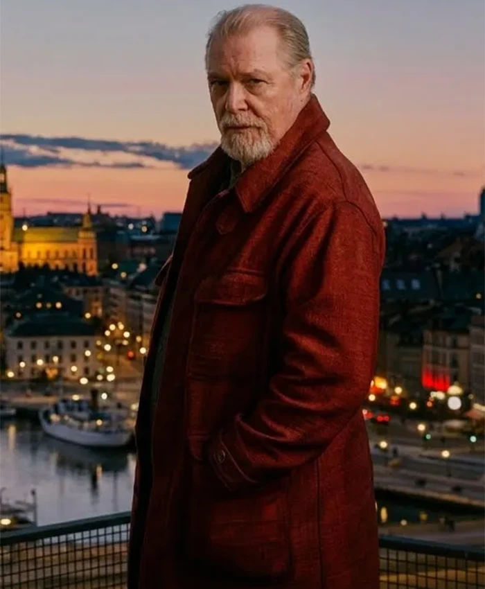 Alfred Berg TV Series Blood Sacrifice 2026 Peter Andersson Red Wool Coat