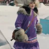 Anna Lambe TV Series North Of North 2026 Purple Hooded Parka Coat Side View