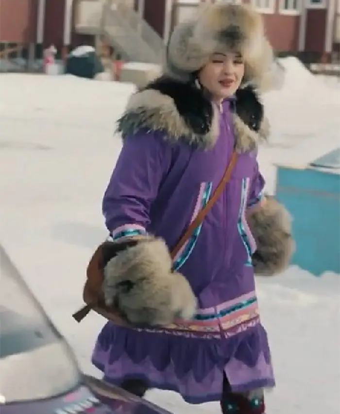 Anna Lambe TV Series North Of North 2026 Purple Hooded Parka Coat Side View