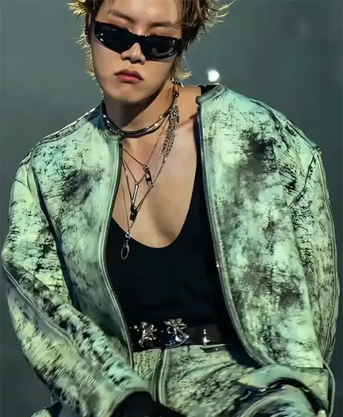BTS ARIRANG World Tour Chicago J-Hope Distressed and Textured Leather Jacket Front