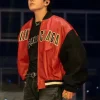 BTS Jungkook Balenciaga Red and Black Oversized Leather Bomber Jacket Front View
