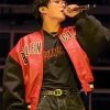 BTS Jungkook Balenciaga Red and Black Oversized Leather Bomber Jacket On Sale