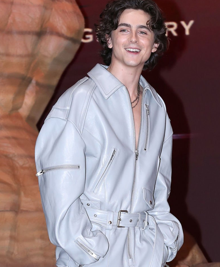 Buy Dune Part Two Press Conference Timothee Chalamet Oversized Light Blue Leather Jacket Front