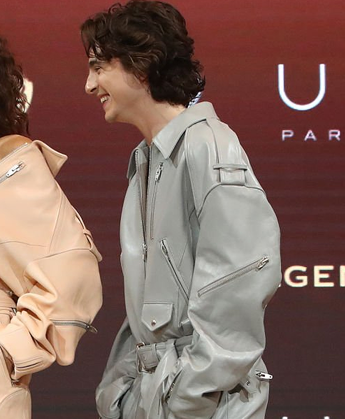 Buy Dune Part Two Press Conference Timothee Chalamet Oversized Light Blue Leather Jacket