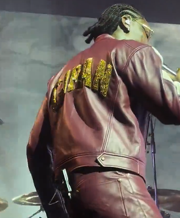 Buy God We Trust Tour 2026 Asake Purple Leather Biker Jacket On Sale Back View
