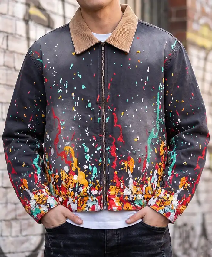 Buy House of Errors Embroidered Paint Cotton Zip-up Workwear Jacket Front View