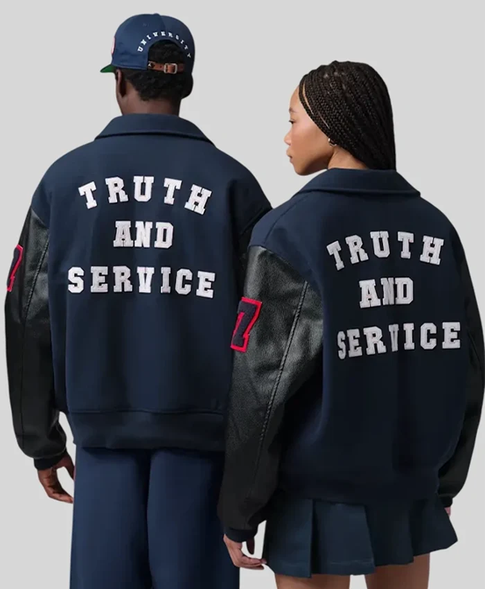 Buy Howard University x Jordan Lady London Blue and Black Varsity Jacket Back