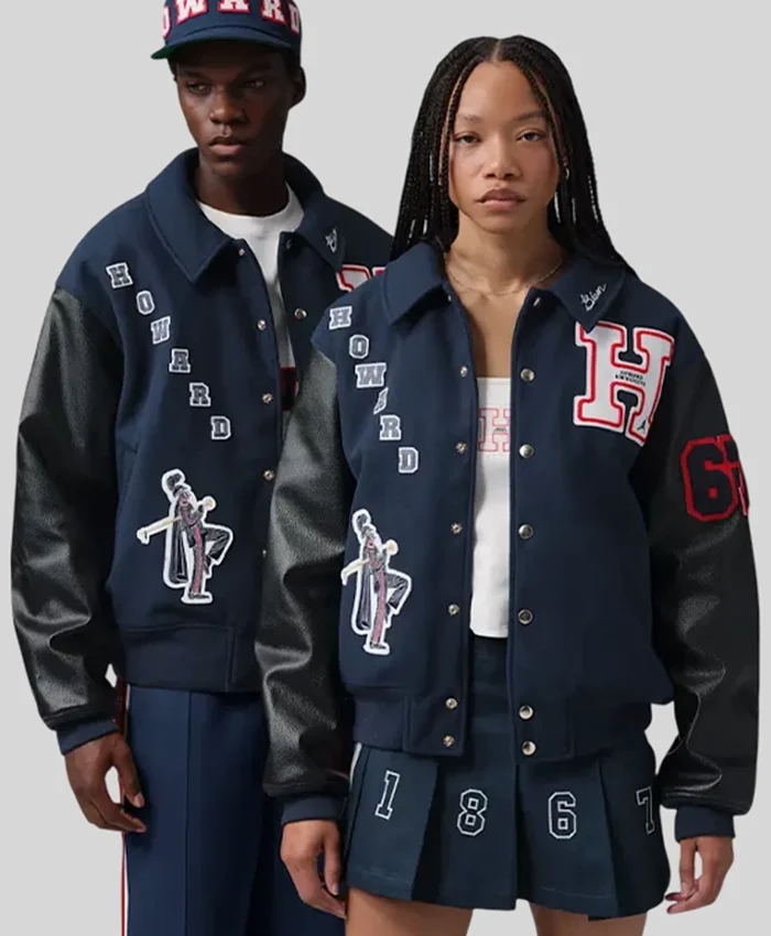 Buy Howard University x Jordan Lady London Blue and Black Varsity Jacket Front