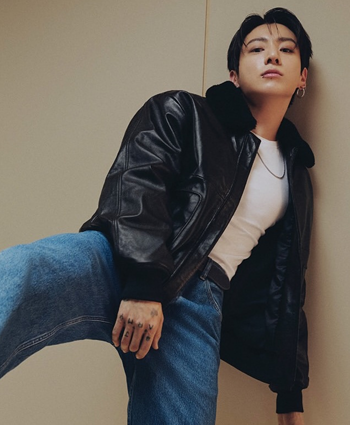 Calvin Klein Fall 2026 “Feel the Fit” Denim Campaign Jungkook Black Leather Jacket Front