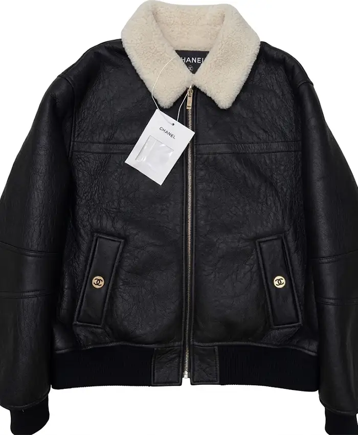 Chanel FW27 Shearling Collar Black Lambskin Leather Jacket Front