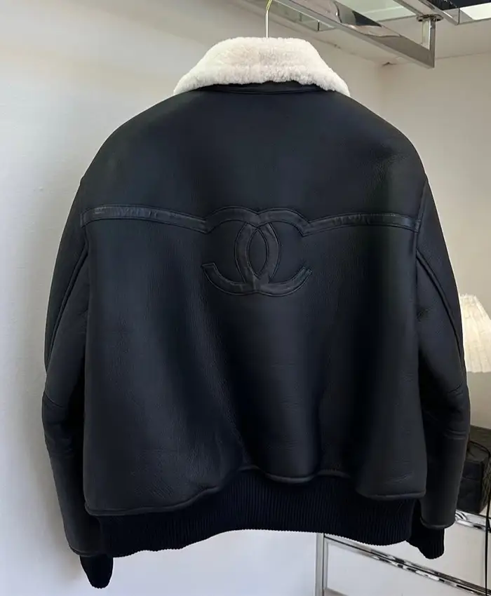 Chanel FW27 Shearling Collar Black Lambskin Leather Jacket On Sale