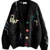 Chouyatou Cable Knit Embroidery Cardigan Black