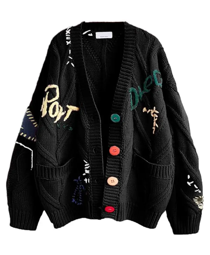 Chouyatou Cable Knit Embroidery Cardigan Black