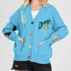 Chouyatou Cable Knit Embroidery Cardigan Blue Front