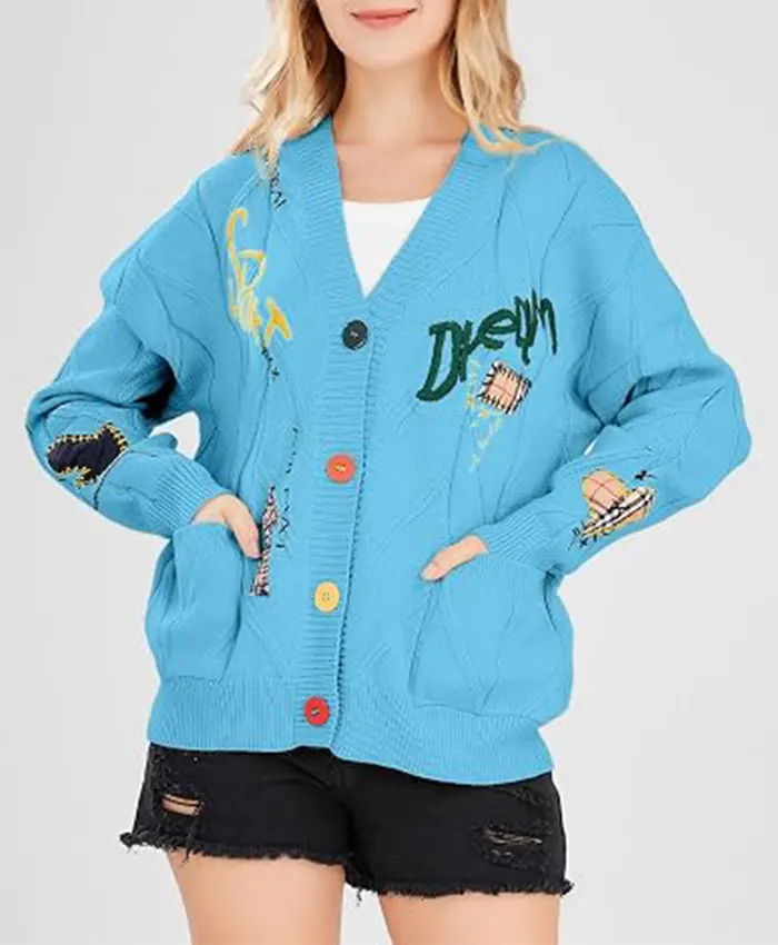 Chouyatou Cable Knit Embroidery Cardigan Blue Front