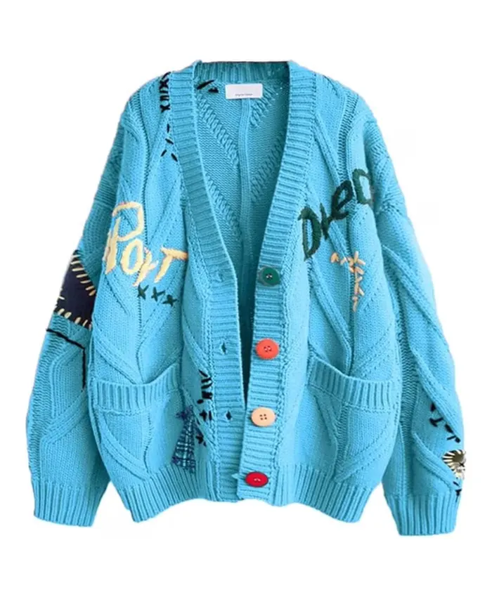 Chouyatou Cable Knit Embroidery Cardigan Blue