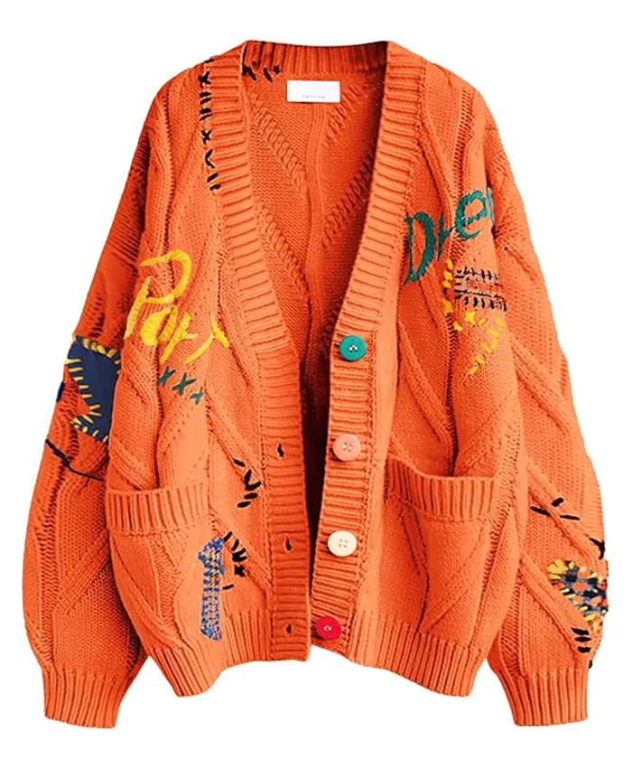 Chouyatou Cable Knit Embroidery Cardigan Orange