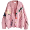 Chouyatou Cable Knit Embroidery Cardigan Pink