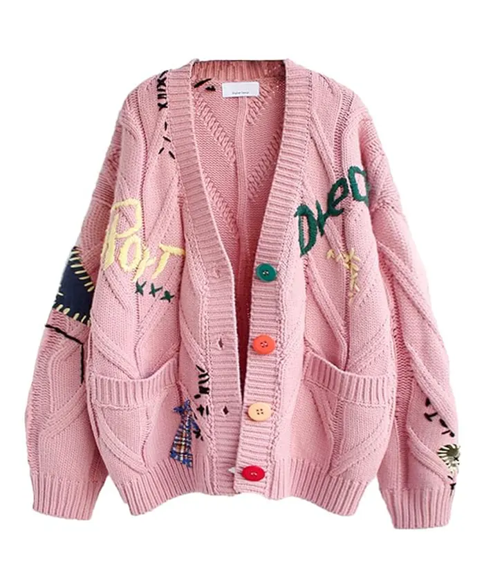 Chouyatou Cable Knit Embroidery Cardigan Pink