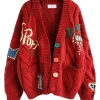 Chouyatou Cable Knit Embroidery Cardigan Red