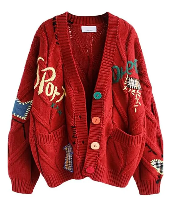 Chouyatou Cable Knit Embroidery Cardigan Red