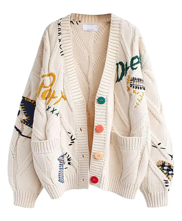 Chouyatou Cable Knit Embroidery Cardigan White
